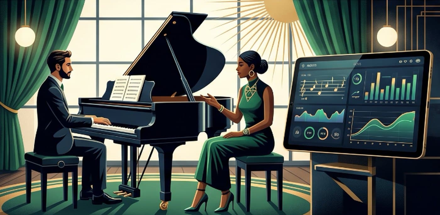 A professor and student at a grand piano, with performance analysis on a screen beside them